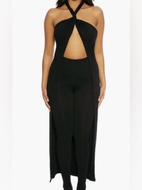 Naked Wardrobe Black Cross-Neck Maxi Dress with Front Slit